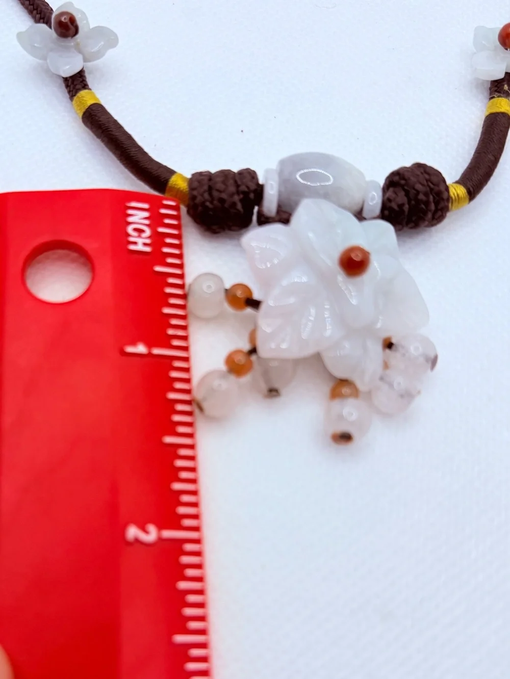 Vintage White Jade Adjustable Floral Necklace Dangle Beads Brown Cord
